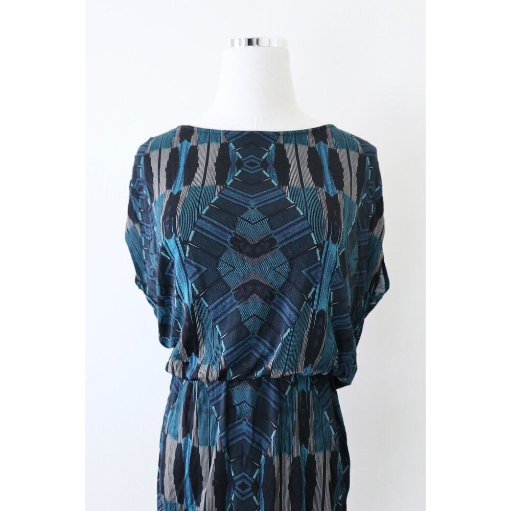Dolce Vita Size M Geometric Print Dress Leather Cutout Back Ruched Teal Blue - Picture 2 of 13
